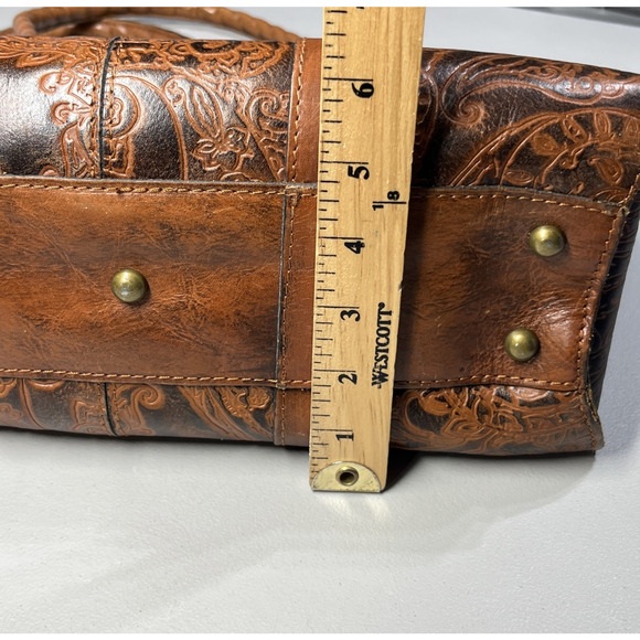 Patricia Nash Tooled Embossed Leather Vienna Satchel Handbag Brown Tote Bag - Picture 13 of 16